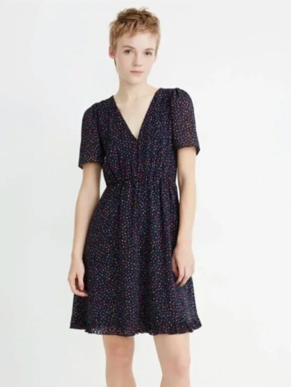 Madewell V-Neck Cinched Waist Multi Color Dots Short Sleeve Midi Dress